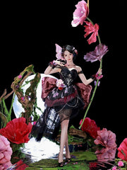 Black Lace Butterfly Print Off-the-shoulder Lolita Dress with Purple Flower Accents and Draped Chains