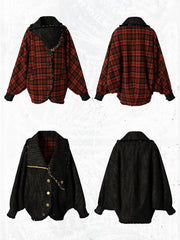 Red Vintage Punk Reversible Denim Jacket with Snap-button Front Closure & Batwing Sleeves