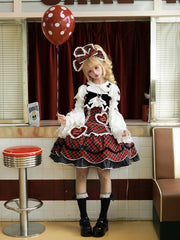 Red & Black Plaid Sweetheart Appliques Sweet Lolita JSK Dress with Scalloped Edge Trim