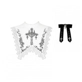 White Gothic Nun Lolita Rosette and Cross Embroidery Collar + Bow Brooch