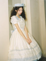 Milk White and Light Blue Sailor Collar Lolita Dress with Lace Trim and Puff Sleeves