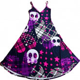 Kuro Kawaii Black Skeleton and Star Print Plaid Heart Pattern Cami Dress