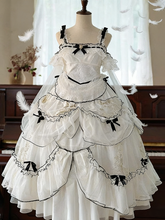 Plus Sizes White & Black Ruffled Layers Sweet Lolita Dress with Bow Accents Long Version