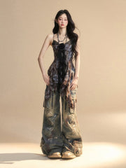 Spray Paint Print Cargo Pockets Zipper Details Blue Distressed Wide-Leg Jeans