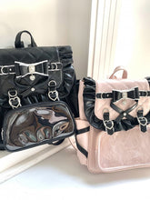 Jirai Kei Black / Black & Pink PU Backpack with Glitter Bow & Rhinestone Decor