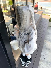 Y2K Khaki Rabbit Ear Hooded Jacket Zip-Up Hoodie for Spring