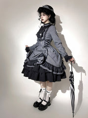Classic Black Pinstripe Gothic Lolita Dress with Petite Ruffle Collar & Lace Trim Details