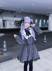 Vintage Black Striped Jirai Kei Dress with Pointed Flat Collar and Cross-Stitch Lace Trim