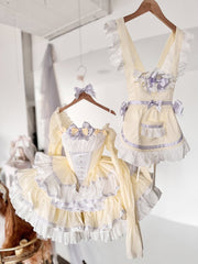 Yellow and Purple Sweet Maid Apron + Basque Waist Tiered Ruffles Hem Strapless Puffy Dress