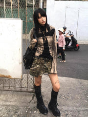 Y2K Cross Design Khaki Punk Knit Top for Autumn Winter