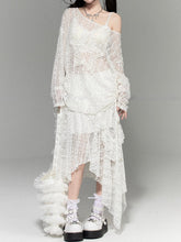 White Lace Two-Piece Set: Semi-Sheer Embroidered Blouse & Tiered Asymmetric Hem Skirt