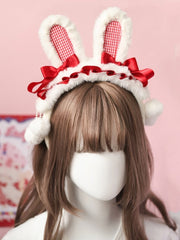 Sweet Lolita White Plush Bunny Ear KC with Red Bows