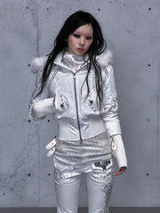 White Wasteland Punk Hoodie Jacket with Knitted Sleeves & Two-Way Zip Placket