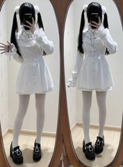 White Jirai Kei Full Set - Cross Embroidery Bowknot Dress + Shorts