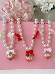 Red/Pink/Beige Bowknots Sweet Strawberry Beaded Necklace