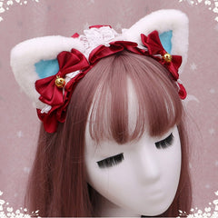 Wine Red / Black Sweet Lace Bow Bell Decorated Lolita Hairband with White & Blue Plush Kitty Ears
