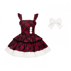 Red and Black Plaid Pattern Winter Lolita Dress with White Plush Hemline and Bow Brooch