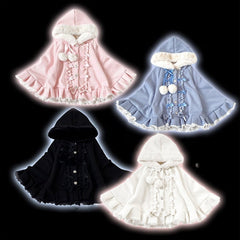 5 Colors Jirai Kei Zipper Style Fleece-lined Hooded Cape with Pom-poms, Bows and Ruffles