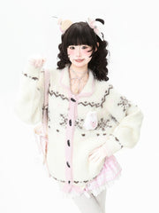 Pink/Red Daily Kawaii Cardigan with Practical Pockets, Horn Toggle & Heart Pattern