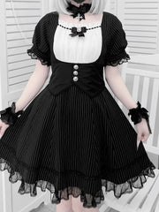 Jirai Kei Black Striped Dress Full Set with Corset Belt Design at Waist