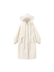 White Mid-Length Cat Ear Hood Coat with Bow-Accented Pockets