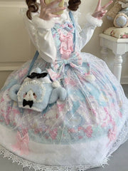 Blue & Pink Cat Print Sweet Lolita Dress with Bow Accents and Fur Trim Hem