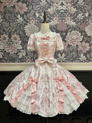 Pink Floral Print Lace Trimmed Elegant Classic Lolita Dress with Bow and Bead Details