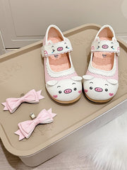 White Flat Shoes in PU - Scalloped Trim Featuring Removable Bow & Cute Pig Print