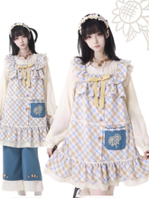 Yellow and Blue Tiered Flutter Sleeves Cottagecore Plaid Dress with Detachable Bow