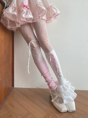 White Hollow-out Tights/Pink Lace-up Underknee Stockings/Self-tie Straps Leg Warmers/White Lace Ruffle Cuffs