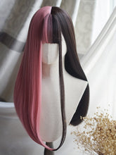 Pink&Black Split Color 70CM Waist Length Straight Wig With Full Bangs