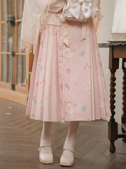 Cute Sheeps and Floral Print Pink Plaid Pleated Skirt