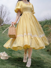 Yellow Plaid Sweet Lolita One Piece with Square Neckline and Short Puff Sleeves