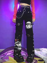 Y2K Black Straight-leg Pants with Buckle Straps , Snap Cuffs and Punk Print