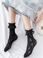 White/Milk White/Black Lace Trim Hollowed-out Calf Socks