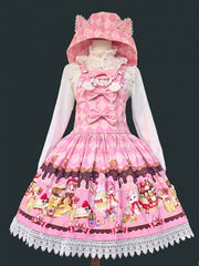Pink Diamond Pattern Sweet Lolita Overall Dress with Dessert Print and Cat Ear Hood