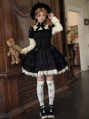 Black and Beige Old School Lolita Long Sleeves Gothic Dress Fake Two-pieces Design