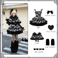 Black & White Winter Lolita Plaid Set - JSK + Reversible Cape + Leg Warmers + Brooches
