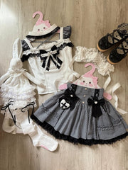 Jirai Kei Alt-Moe Black Plaid Cross Halter Top with Cutout Shoulder / High-Waist Skirt