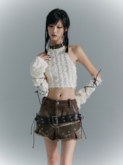 Brown Vintage Punk Denim Mini Skirt With Metal Studs & Adjustable Buckle Belt