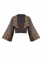 Steampunk Dark Brown Open Placket Cropped Jacket With Coffee Plaid Pattern Collar And Cuffs