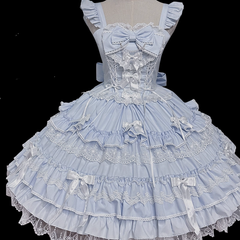 Blue Lace-up Waist Lace Trim Old School Lolita Cotton Dress Flutter Sleeves Jumper Skirt