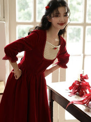 Wine Red Vintage Rose Square Neckline Dress