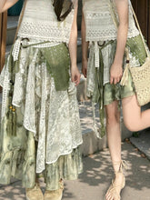 Tie Dye Lace Patchwork Design Green Mori Kei Skirt Long/Short Version