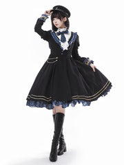 Black Juliette Sleeves Ruffle Neckline Lolita Dress with Blue Ruffles and Plaid Trim