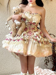 Chic Pink Rosette Hi-lo Strapless Top with Bubble Skirt Set Fairycore Floral Princess Dress