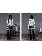 Vintage Punk Beige Shirt with Hand-Drawn Motifs & Studded Back Straps