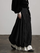 Urban Goth Black Floral Embroidery Bubble Skirt with Braided Rope Decor