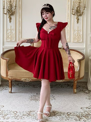 Plus Size V-neck Flutter Sleeves Big Bow Front Red Dress