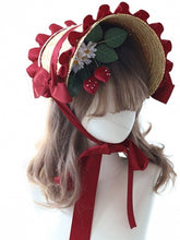 Sweet Lolita Red Bowknot Straw Bonnet With Leaf Strawberry Hairclip